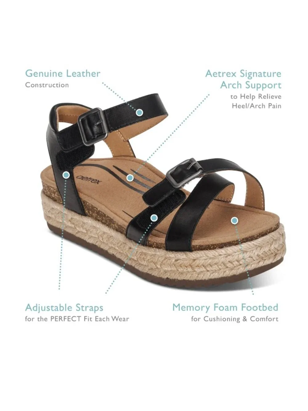 Aetrex Paula Espadrille Platform Sandals Size 7 Black Leather NWOB